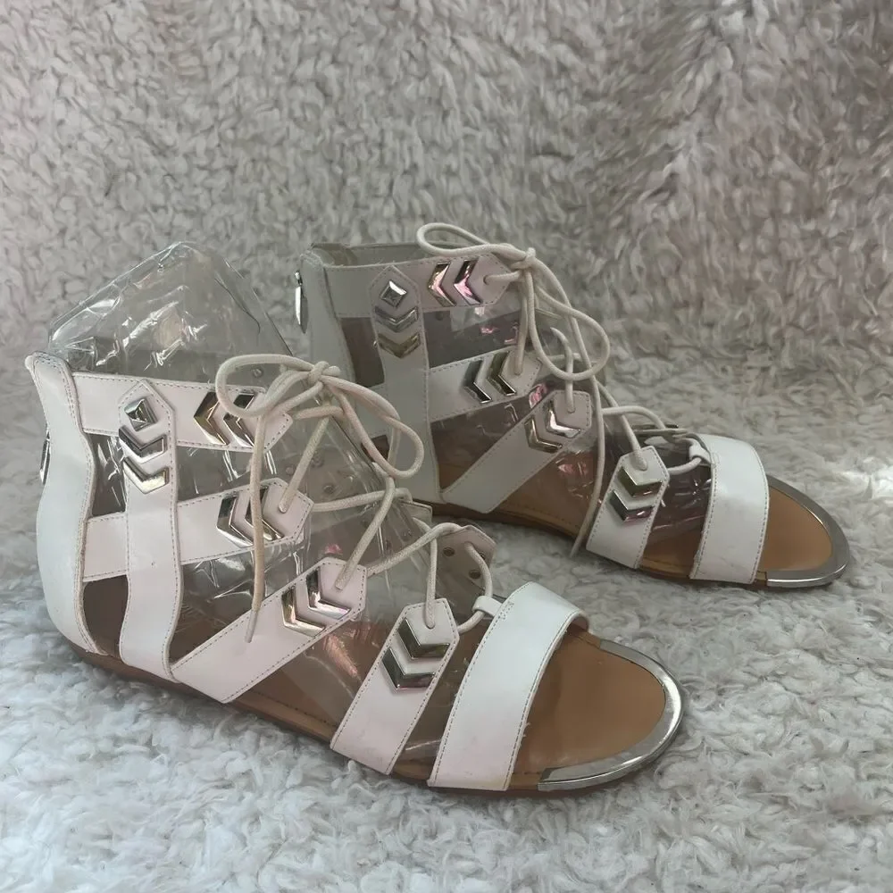 Fergie gladiator synthetic white lace up sandals with silver tone accents SZ 10